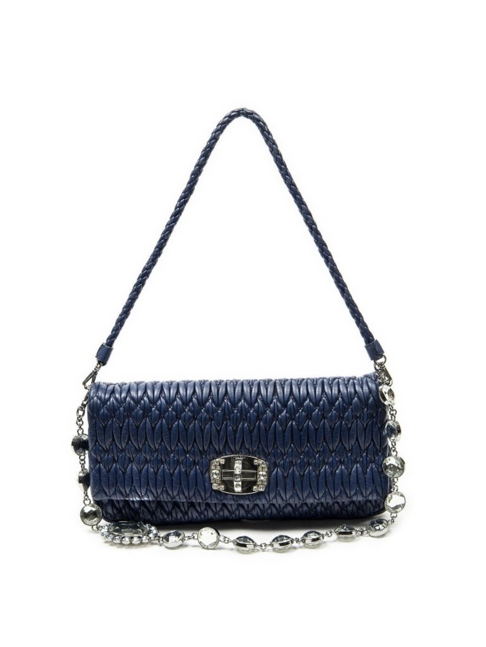 Miu Miu Small Crystal Flap Clutch Navy Nappa Matelasse Leather